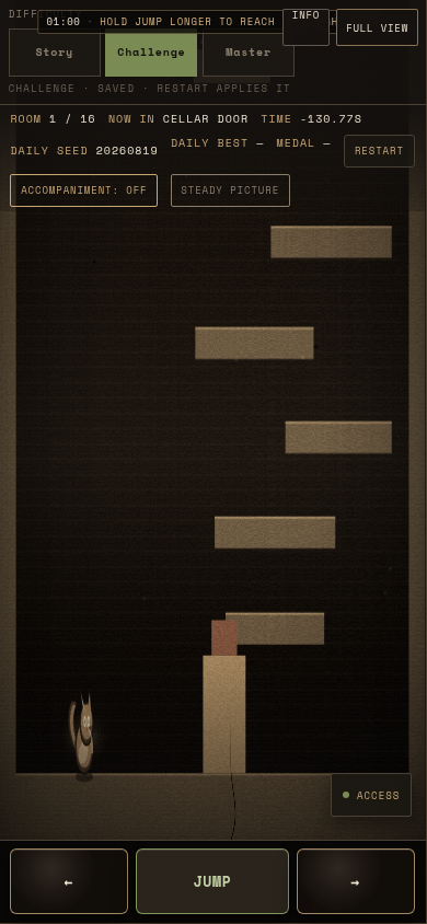 thesickkitten's tweet photo. Card: The Sick Kitten Climb

Sixteen rooms up a 1903 house to the sunbeam nest. One of the earliest narrative close-ups, as a workshop film you can sit.

Free in the browser. Medal times on a daily seed. Progress stays on this machine.

The card holds the notes. The stage is where you climb.
https://t.co/GbcI4CNqXs

— filed, the Catalog