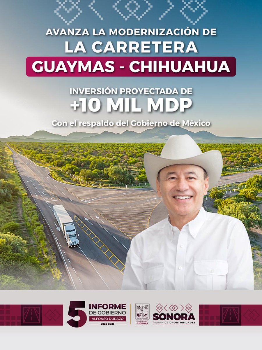AlfonsoDurazo's tweet photo. Invertiremos más de 10 mil millones de pesos en la carretera Guaymas-Chihuahua, para seguir impulsando el desarrollo económico y turístico de la región. Con más comercio, más
empleo y más oportunidades, transformamos Sonora.

#QuintoInforme #SonoraSeTransforma #AlfonsoDurazo https://t.co/nnM8U4TueY