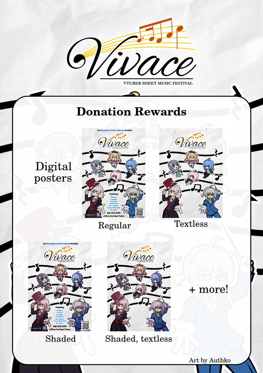 PenbuVT's tweet photo. Vivace 2026's donation rewards and goals! You can redeem digital posters made by @authko, and many of us will be offering our own individual redeems too. If we reach certain milestones, we'll also release the Telephone files. Can you get us to the composition goal?
#SMVCVivace https://t.co/van8dqSZP5