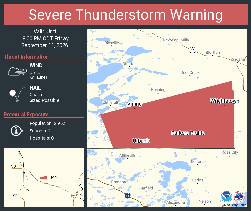 NWSGrandForks's tweet photo. Severe Thunderstorm Warning including Parkers Prairie MN, Vining MN and  Urbank MN until 8:00 PM CDT https://t.co/S7QLZ3e76C