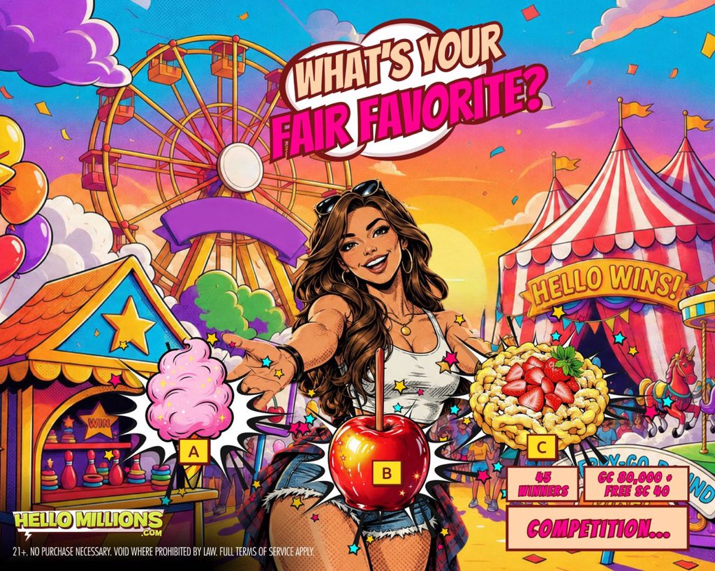 OhHellmillions's tweet photo. The fair is in town and is bringing sweet rewards! 🎡

This game is about picking your favorite treat at a fair.

Comment + #HelloMillions to join. 🍭 https://t.co/TwJCquYblo