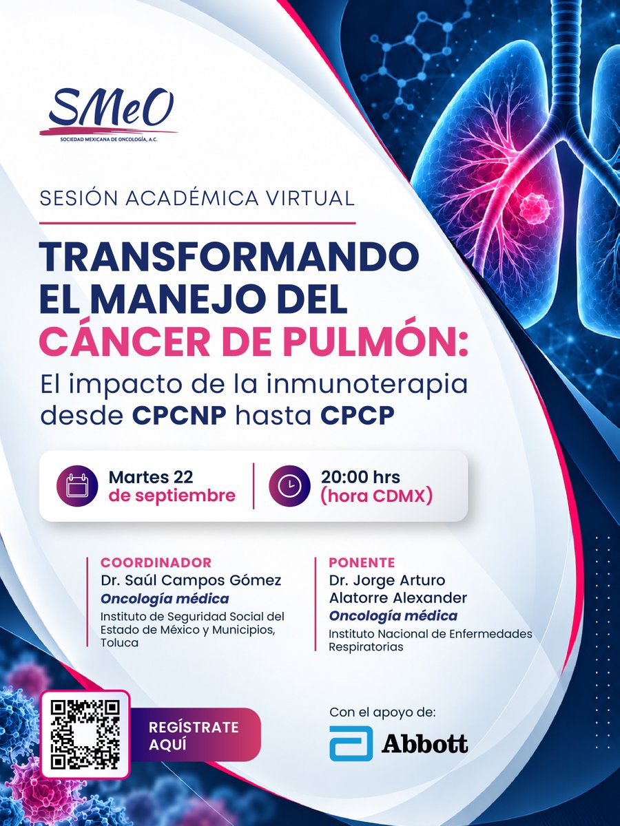 SMEOMX's tweet photo. La SMeO invita a la sesión virtual
"Transformando el manejo del cáncer de pulmón"
22 de septiembre, 20:00 hrs
CDMX. Programa y registro:
https://t.co/WIgswWqEKy #SMeO
#CáncerDePulmón #Inmunoterapia https://t.co/F8t6uYbgbQ