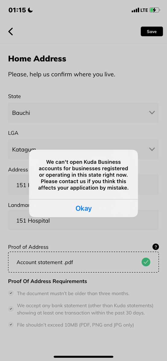sadeequllahy's tweet photo. @kudabusiness 
I’m trying to upgrade my Kuda Business account by registering the Director’s information, but I’m stuck with this error when entering my home address in Bauchi State (Katagum LGA): how can I overcome this issue please @kudabusiness @joinkuda 
“ https://t.co/uDBVlHF50y