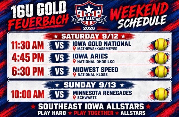 KenadiKniffen's tweet photo. Schedule for this weekend ⬇️
Come watch our first tournament at TBK in Bettendorf! 
@SEIASoftball https://t.co/aRbUMnrOG0