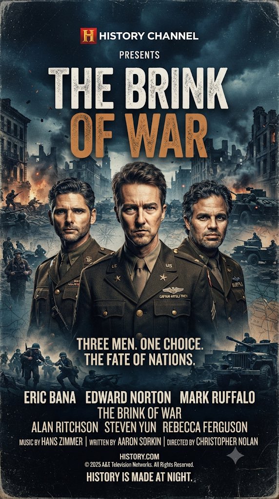 matt_91X's tweet photo. #Ai #AiArt #Concept #Poster #TheBrinkofWar #EricBana #EdwardNorton #MarkRuffalo #AlanRitchson #StevenYeun #RebeccaFerguson #History #HistoryChannel https://t.co/0TAUFU3KoG