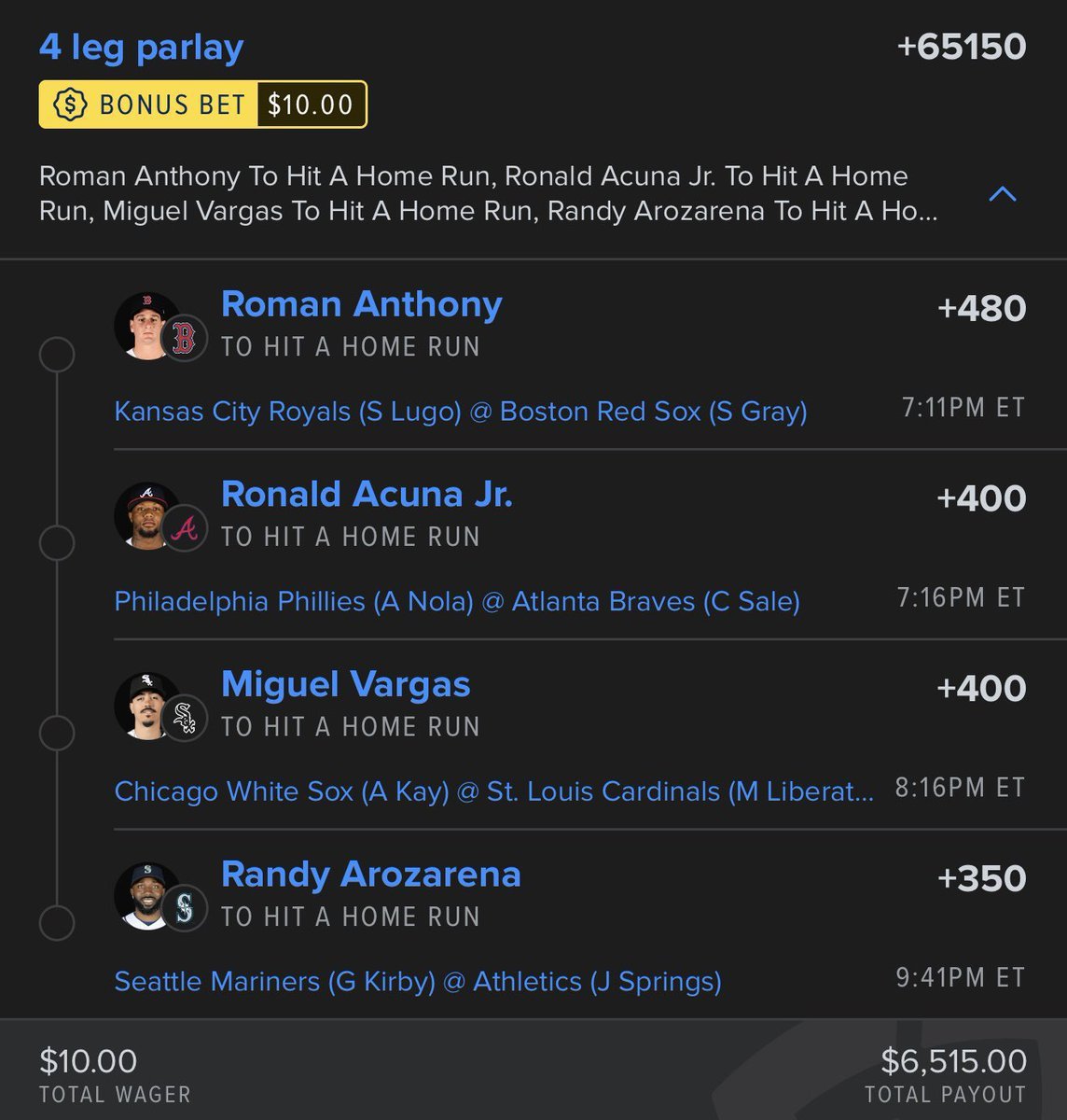 BET24HQ's tweet photo. 🚀💰 4-LEG HOME RUN PARLAY LOADED UP 💰🚀
Turned a $10 bonus bet into a shot at $6,515! 🎯🔥
⚾ Roman Anthony (+480)
⚾ Ronald Acuña Jr. (+400)
⚾ Miguel Vargas (+400)
⚾ Randy Arozarena (+350)
+65150 odds on the board 📈💥 All it takes is 4 balls leaving the yard tonight 🌌⚡ Let's ride! 🙏🏆
@Playbook