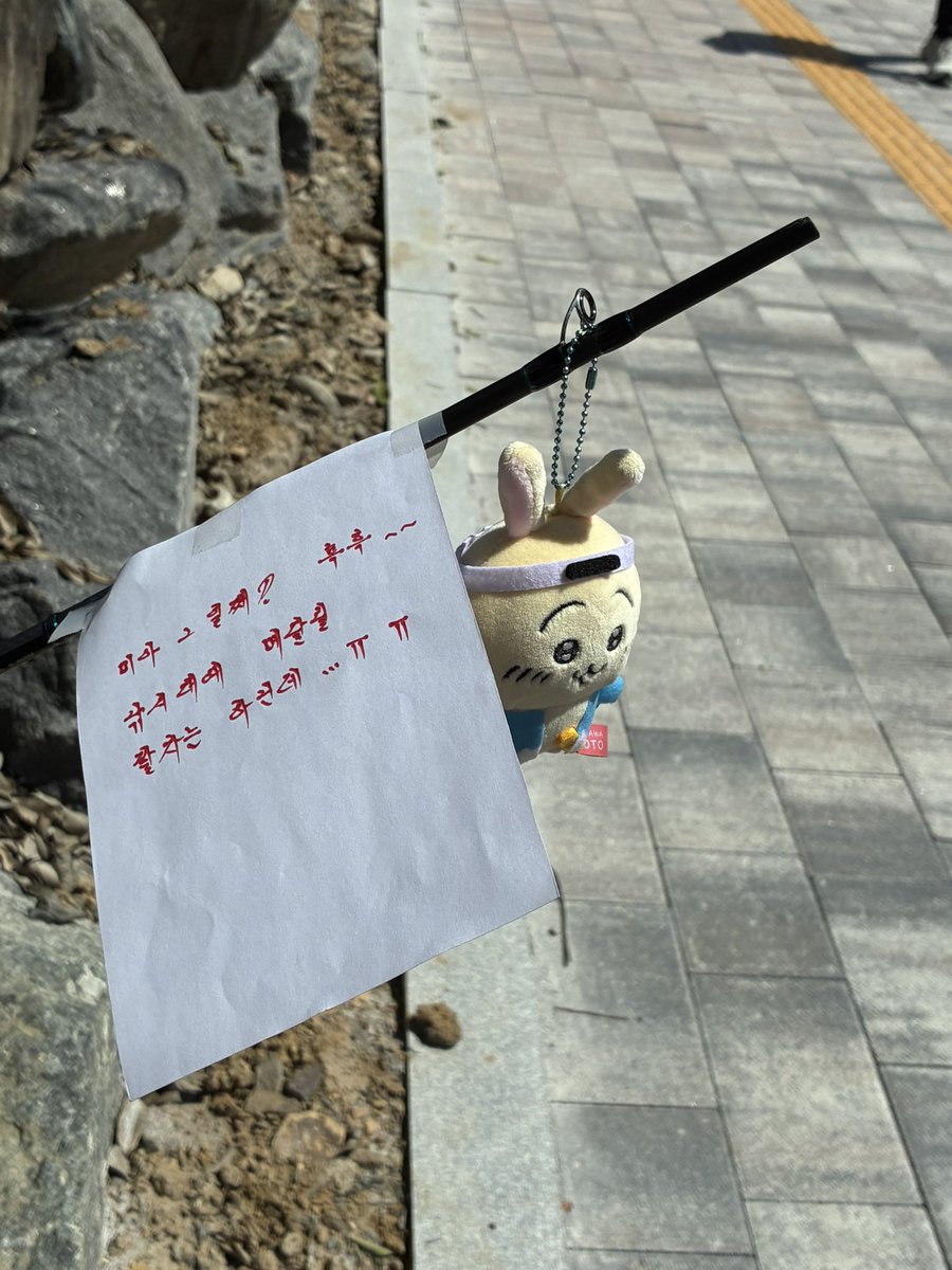 hammcc2's tweet photo. 어제 캠퍼스 걷다가 본겄... 
이랏샤이마세 우사기와.
교수로추정되는아저씨가 적은 코멘트..

>> 미아 2일째! 흑흑~~ 낚시대에 매달릴 팔자는 아닌데... ㅠㅠ << https://t.co/Qubfmjo5KY
