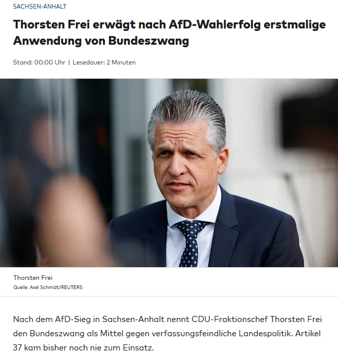 PeterBorbe's tweet photo. Die unverhohlene Drohung mit dem Bundeszwang durch Mitglieder der Bundesregierung, gegen eine mögliche Landesregierung, die noch gar nicht im Amt ist, ist eine Form der Einschüchterung, die es noch niemals in der Geschichte der Bundesrepublik gegeben hat.
Die Frage ist inzwischen nicht mehr, ob Sachsen-Anhalt irgendwann ein Fall für Art. 37 GG werden könnte, sondern ob unsere aktuelle Bundesregierung langsam ein Fall für Art. 20 (4) GG ist: Gegen jeden, der es unternimmt, diese Ordnung zu beseitigen, haben alle Deutschen das Recht zum Widerstand, wenn andere Abhilfe nicht möglich ist. 
https://t.co/RuwC6PHKsn