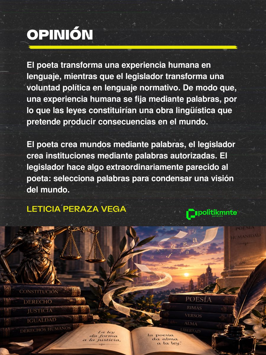 Politikmnte's tweet photo. #Opinión 🖊️ |  Jacob Grimm sostuvo que derecho y poesía habían “surgido del mismo lecho”.

Existe una manera particularmente fértil de entender lo anterior: las leyes pueden ser llamadas metafóricamente “la poesía de los congresos” porque ambas son formas de creación lingüística que intentan convertir una visión del mundo en una realidad compartida. 

✍️ Leticia Gpe. Peraza Vega

#Politikmnte 🗨️ https://t.co/tBjfRXYBjP