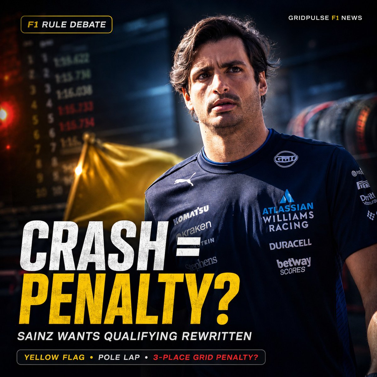 ImogeneTidne's tweet photo. One crash. One yellow flag. One huge F1 debate. Carlos Sainz says qualifying may need a major rethink, but automatic penalties could punish bad luck as much as bad driving. https://t.co/LOykFsH8DZ