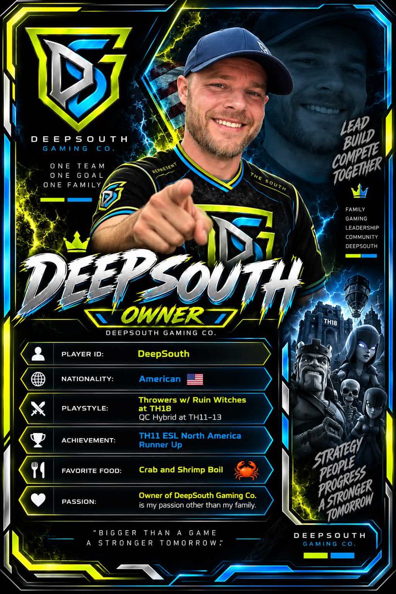 DSG_clash's tweet photo. Meet the head of the DSG family, the mind and heart 💙💚 that made this possible! 
🏹 @DeepSouthGameCo an amazing leader 🔥

#WeAreTheSouth https://t.co/TUjVUVks9k