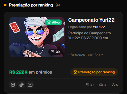 Conexaoclips's tweet photo. CAMPEONATO YURI22 VAI DISTRIBUIR R$ 222 MIL ENTRE CLIPADORES E EDITORES NA REAL OFICIAL

A competição já está ativa e contará com premiação por ranking. Até o momento, 39 participantes aparecem inscritos na disputa. https://t.co/1mWU3hPl3g