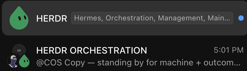 Going to document my journey in orchestrating my @NousResearch Hermes fleet via a @bot that runs @herdrdev +…