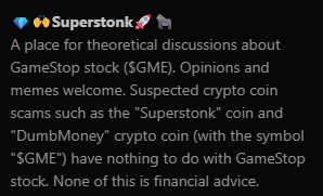 Duckythedev1's tweet photo. The r/superstonk subreddit which bullposts $GME put in their community bio that any Superstonk token is a scam

What if we psyopped all the normies that they get dividends in GME when holding the token?
Pairing it to GME on OTC

Has over 200k visitors weekly aswell

https://t.co/9wBoO6PHsV