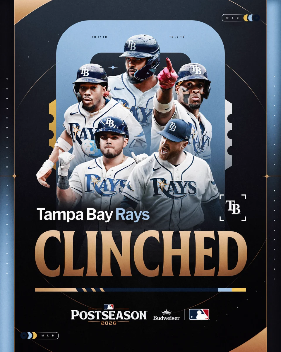 CLINCHED! Tampa Bay Rays
Postseason 2026 presented by Budweiser
Pictured: Cutouts of Junior Caminero, Chandler Simpson, Yandy Díaz, Jonathan Aranda and Drew Rasmussen