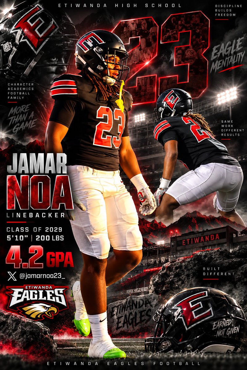 giantorange27's tweet photo. @Jamarnoa23_ @EtiwandaFB @adamgorney @GregBiggins JAMAR NOA — 
LINEBACKER | #23
CLASS OF 2029
5'10" | 200 LBS
4.2 GPA — 
ETIWANDA HIGH SCHOOL https://t.co/NO3LohPHNN