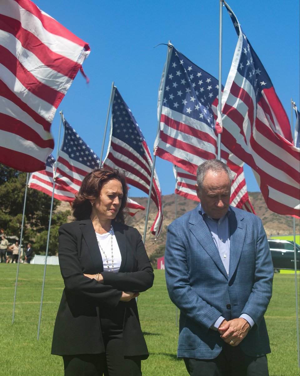 KamalaHarris's tweet photo. Each year, Pepperdine’s “Waves of Flags” honors the 2,977 lives lost on September 11. On the 25th anniversary of the terror attacks, @DouglasEmhoff and I visited the installation to pay our respects.

We also dropped by LACoFD Station 88 to commend these brave firefighters, who have responded to three of the most devastating fires in southern California in the past decade. September 11 was the single greatest loss of first responder lives in our nation’s history, and with this small act we honor those heroes.