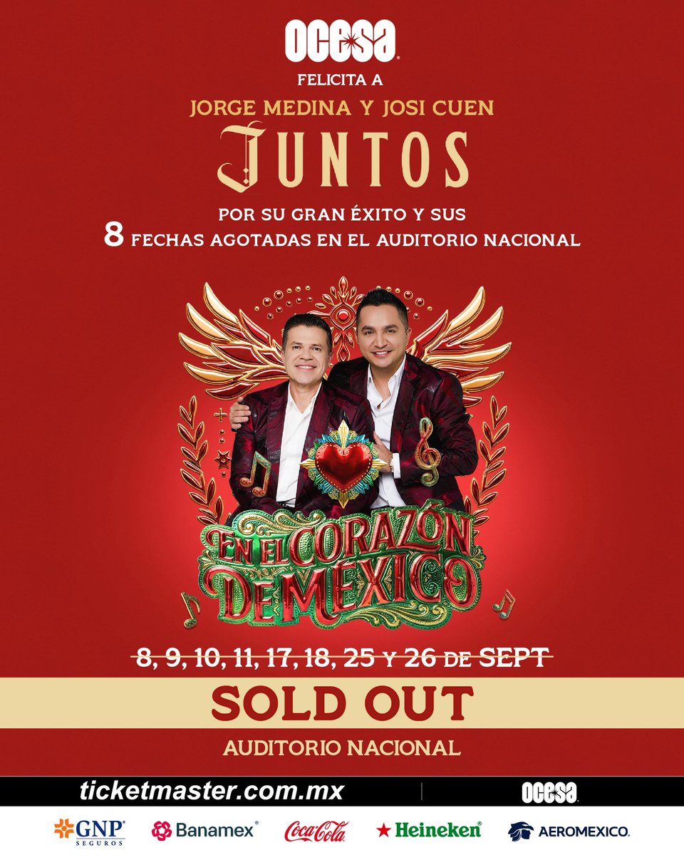 ocesa_pop's tweet photo. Josi y Jorge, JUNTOS - En El Corazón de México, son el primer grupo regional mexicano en hacer SOLD OUT en una residencia de 8 fechas en el Auditorio Nacional. 🔥✨🇲🇽 https://t.co/GNyesfR1fU