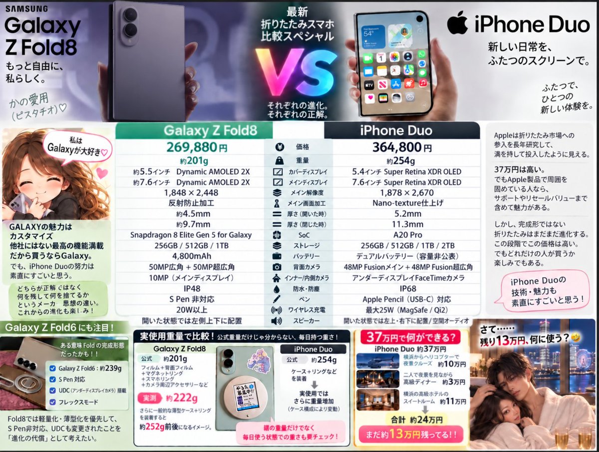 kanon13137's tweet photo. #iPhoneDuo #GalaxyZFold8 
Galaxy折りたたみ🩵大好きユーザーが比較画像つくりました！
Fold8購入して1カ月
軽さは正義！！ピスタチオカラーが最高🩵
ケースじゃなくて背面フィルムにリングこれにしました！
これが最高🩵です。

折りたたみ🩵市場はどんどん広がればよいと思う
#Apple #Samsung https://t.co/5kjXauy6Jg