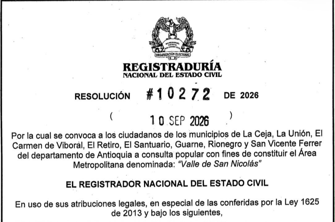AndresJRendonC's tweet photo. Antioqueños: la @Registraduria ha convocado la Consulta Popular para la conformación del Área Metropolitana del Valle de San Nicolás, el próximo 29 de noviembre.

Será la oportunidad para que mis paisanos de La Ceja, La Unión, El Carmen de Viboral, El Retiro, El Santuario, Guarne, Rionegro y San Vicente Ferrer participen en este proceso democrático y definan el destino de sus territorios.

¡Mi voto será por el SÍ! Trabajemos en equipo para resolver las necesidades, materializar grandes sueños y acelerar el progreso de todos.