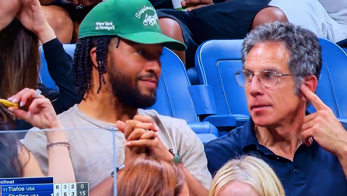 martiansinvade's tweet photo. Jalen Brunson and Ben Stiller watching a US Open men's semifinal match at Arthur Ashe Stadium. https://t.co/HfZdEQERe9