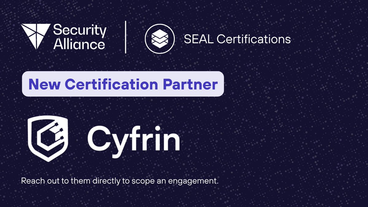_SEAL_Org's tweet photo. Welcome @Cyfrin to the SEAL Certifications program! They’re now undergoing accreditation and taking on certification engagements.

Details on SEAL Certifications: 
https://t.co/K6h4wpABMA https://t.co/NZRLvlQ5ui