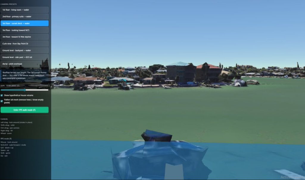 dDeepValueBgger's tweet photo. Waterfront Visualizer: Vibe-coded a visualization software to see my future waterfront property with 3d tiles from Google from any property address. This helps me pick the lots with the best views (360) from the vantage of all the floors. https://t.co/pxsAPhvgA3