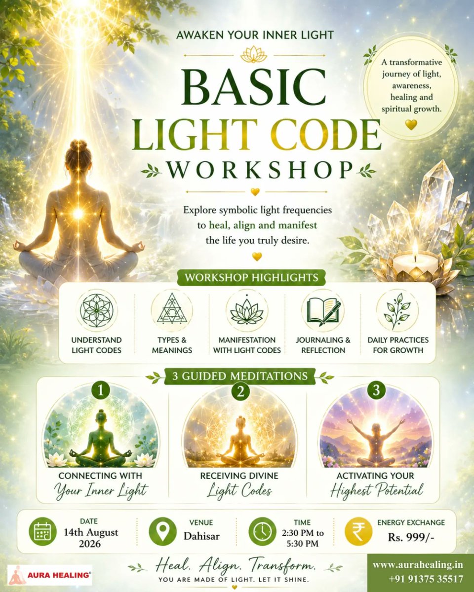KaleighWacnek's tweet photo. Awaken Your Inner Light

Join our Basic Light Code Workshop for self-discovery, inner awareness, and spiritual growth. Explore Light Codes, manifestation, daily practices, and 3 guided meditations. 14 Aug 2026 | Dahisar | 2:30–5:30 PM | ₹999 https://t.co/h4d4Aus8JK