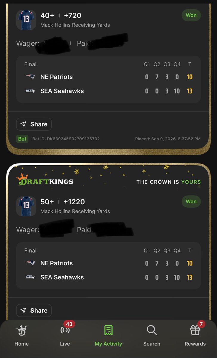 LineReportDaily's tweet photo. 🔥 LADDER HIT ALERT 🔥
Mack Hollins weird ass ballin
Hit the 25+…
Cleared the 40+ (+720)… and 50+ (+1220) 😤
#MackHollins #DraftKings #NFLBetting #LadderHit #BettingTwitter #Seahawks #Patriots https://t.co/61Yx7iAG5e