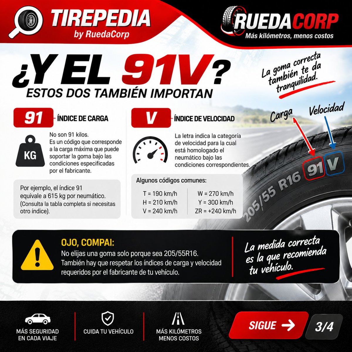 Ruedabymelitos's tweet photo. 🛞 ¿Qué significa 205/55 R16 91V?

205 → ancho
55 → perfil
R → radial
16 → aro
91 → índice de carga
V → velocidad
¿Y DOT 2524? 👀
Semana 25 de 2024.
En este #Tirepedia te enseñamos a leer tu goma a lo claro.
🌐 https://t.co/TZFLJhwBRd https://t.co/7vNpmt5oIu