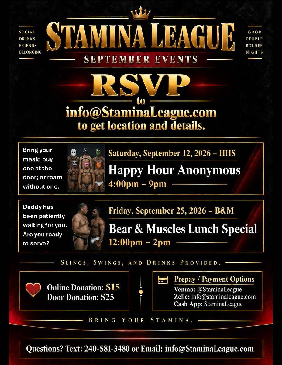 StaminaLeague's tweet photo. This Saturday, Sept 12th and Friday, Sept 25th #StaminaLeague presents an event for the phine brothas of the #dmv. #dmvfreaks #dcfreaks #mdfreaks #pgcmdfreaks #vafreaks #freakparty  #kink #kinky https://t.co/IdzHRX8lji