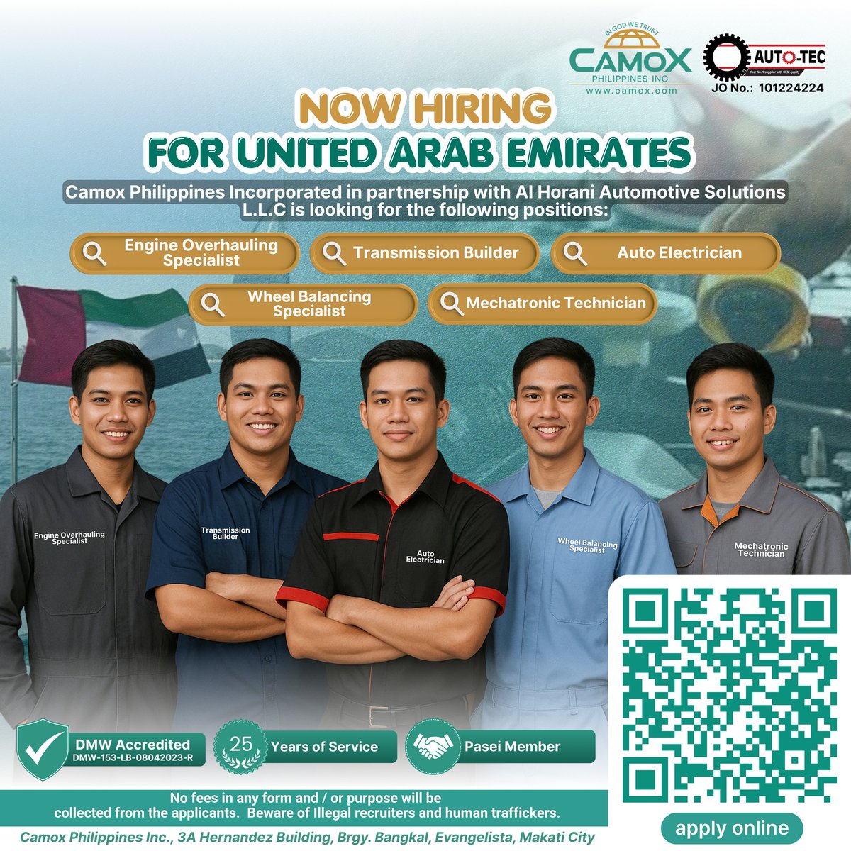 bl_davi's tweet photo. Dreaming of working in the UAE? Camox Philippines Inc., with Al Horani Automotive Solutions L. L. C., is hiring Engine Overhauling Specialists, Transmission Builders, Auto Electricians, Wheel Balancing Specialists, and Mechatronic Technicians. No https://t.co/c3q66DN0pz