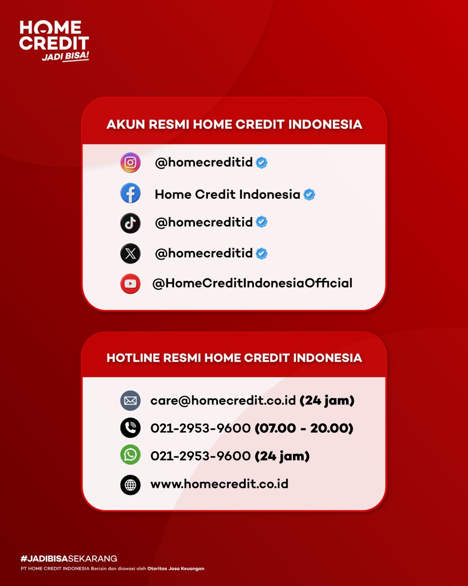 homecreditid's tweet photo. 🚨Hati-hati! Home Credit Indonesia tidak memiliki kartu kredit ataupun kartu fisik.
Jangan mudah percaya pada akun, pesan, iklan, atau pihak yang mengatasnamakan Home Credit dan meminta data pribadi. Selalu pastikan informasi berasal dari akun resmi Home Credit Indonesia.

Ingat ya: ❌ Jangan bagikan data pribadi ❌ Jangan berikan PIN atau OTP❌ Jangan klik link mencurigakan
Jika ragu, hubungi layanan resmi Home Credit Indonesia.

#HomeCredit #SemuaJadiBisa