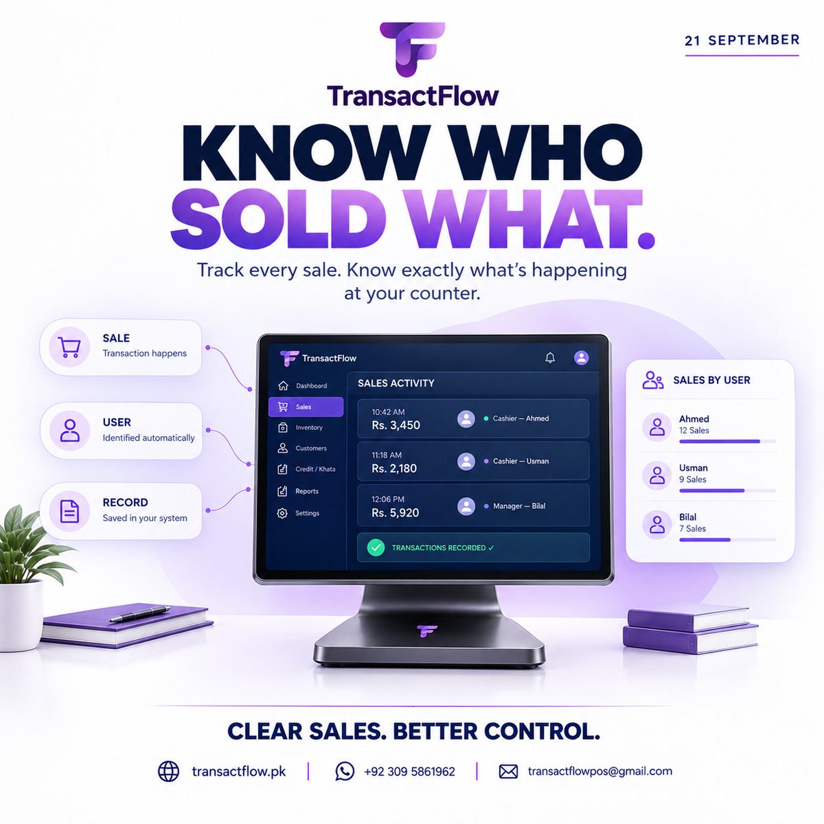 transactflow's tweet photo. KNOW WHO SOLD WHAT.

Track every transaction by user and get a clearer view of what's happening at your counter.

TransactFlow helps businesses understand sales activity and keep operations organized.

https://t.co/fHN9ZPZ1Fl https://t.co/VpqPyhVAr7