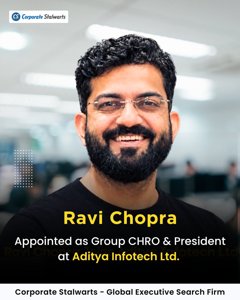 CStalwarts's tweet photo. We congratulate Ravi Chopra on his appointment as Group CHRO &amp; President at Aditya Infotech Ltd.
.
.
.
.
.
#LeadershipHiring #CHRO #HRLeadership #ExecutiveSearch #PeopleStrategy #CorporateStalwarts https://t.co/jRYHnPvVqF