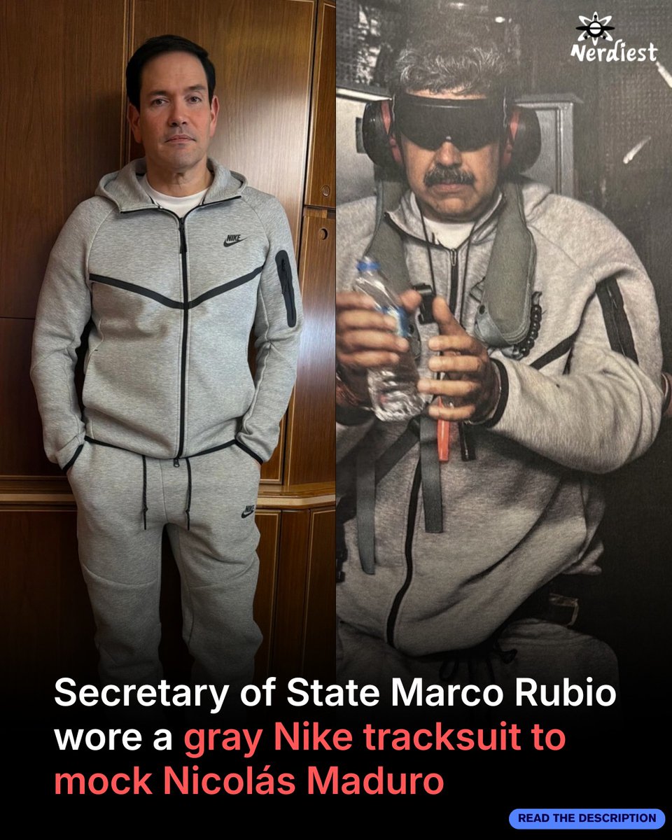 FC_OSANJINHOS's tweet photo. Marco Rubio wore the same gray Nike tracksuit Nicolás Maduro wore during his capture, mocking the former Venezuelan leader. The outfit came as Maduro faces U. S. drug trafficking charges and Trump suggested Venezuela become the 51st state. https://t.co/k8KReBjw2w