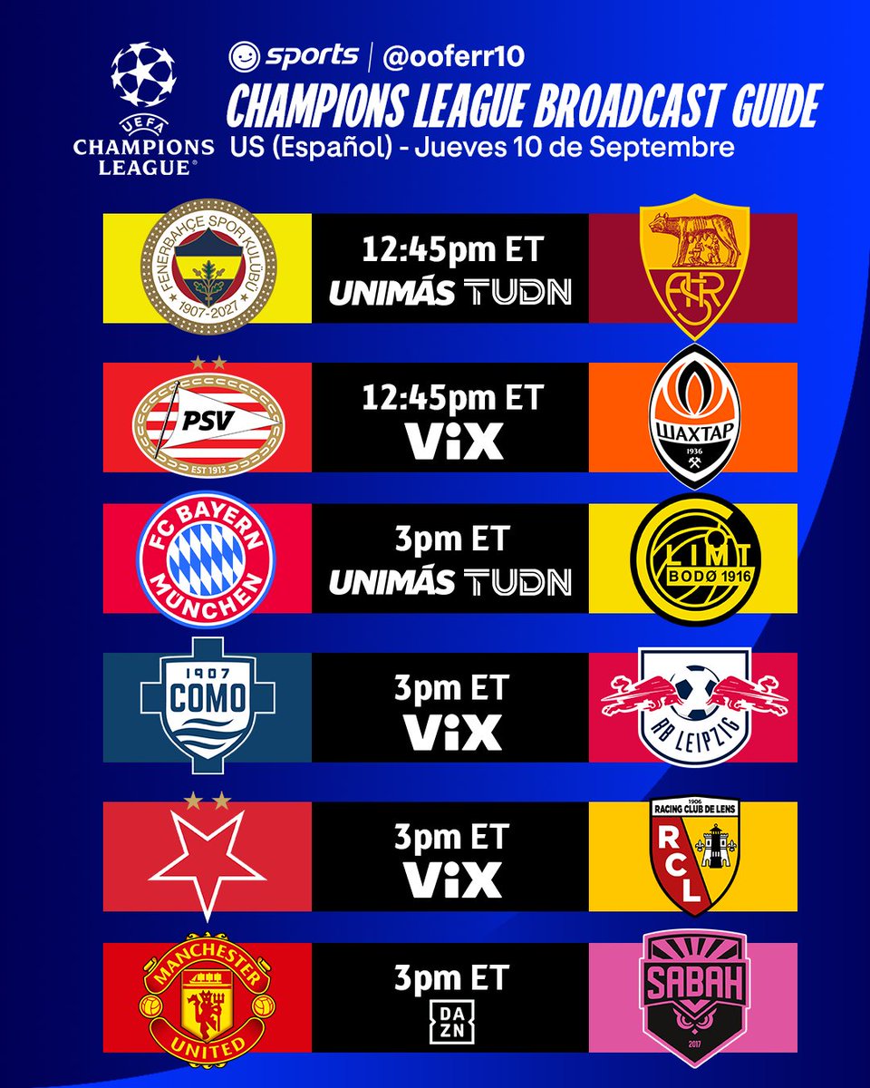 Ooferr10's tweet photo. Time for the Final day of Matchday 1, This the Broadcast Guide of the UCL for Spanish Television in the US.

Llega el último día de la primera jornada; aquí está la guía de transmisión de la UCL para el television hispano en Estados Unidos. https://t.co/x6TxnLAjPc