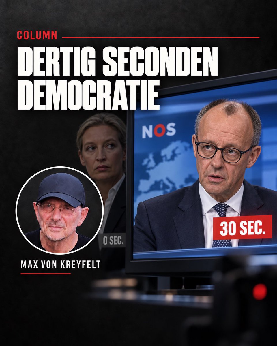 MaxVonKreyfelt's tweet photo. Column: Dertig seconden democratie van  Giselle van Cann 

Max von Kreyfelt

 Giselle van Cann hoofdredacteur NOS had dertig seconden nodig om de Duitse verkiezingsuitslag journalistiek te fatsoeneren.

Friedrich Merz, de grote verliezer, mocht in het journaal de remigratieplannen van de AfD vergelijken met de etnische zuiveringen uit de jaren veertig. Een maximale beschuldiging in minimale zendtijd. Kort genoeg om geen vragen te hoeven beantwoorden, lang genoeg om miljoenen kijkers duidelijk te maken wie er volgens Hilversum deugt en wie niet.

Alice Weidel, de grote winnaar, hield die ochtend een speech die in Duitsland onmiddellijk volop werd besproken. Wat zij precies zei, hoe haar aanhang reageerde en waarom zoveel Duitsers haar partij steunen? De Nederlandse televisiekijker hoefde het niet te weten. De NOS had de democratie alvast voor hem samengevat: Merz mocht waarschuwen, Weidel mocht verdwijnen.

Dat heet kennelijk onafhankelijke nieuwsvoorziening.

De journalistieke truc is even eenvoudig als effectief. Je hoeft een politicus niet letterlijk te verbieden. Je laat hem gewoon niet zien. Vervolgens geef je zijn tegenstander dertig seconden om hem met de donkerste periode uit de Europese geschiedenis te verbinden. Geen context, geen wederhoor, geen fragment uit de winnende toespraak. Alleen het keurmerk van de staatsomroep: deze man waarschuwt, die vrouw bedreigt.

Nog geen etmaal eerder werd het verwijderen van een omroep uit het publieke bestel verdedigd met plechtige verwijzingen naar journalistieke normen. Betrouwbaarheid! Zorgvuldigheid! Evenwichtigheid! De woorden rolden door Den Haag alsof daar zojuist de Tien Geboden voor redacties waren ontdekt.

Maar wanneer de NOS zelf selecteert, weglaat en politiek inkleurt, heet het ineens “redactionele vrijheid”. Bij een ongewenste omroep is een omissie een bedreiging van de rechtsstaat. Bij de NOS is dezelfde omissie gewoon een professionele keuze van de eindredacteur.

Niemand verlangt dat ieder journaal een Duitse verkiezingsavond integraal uitzendt. Wel mag van een publieke nieuwsorganisatie worden verwacht dat zij de kijker informeert in plaats van opvoedt. Als de verliezer mag vertellen waarom de winnaar gevaarlijk is, moet de winnaar minstens hoorbaar kunnen maken waarvoor zij zelf zegt te staan.

Anders is het politieke montage.

Waar blijven nu de verontwaardigde Kamerleden, mediabestuurders en hoeders van de journalistieke code? Waar zijn de onderzoeken, aangiftes en verontruste hoofdredactionele verklaringen? Of geldt die code alleen voor omroepen die uit de publieke zandbak moeten worden verwijderd?

De NOS bracht geen nieuws over de Duitse winnaar. De NOS beschermde Nederland tegen het ongemak haar te moeten horen.
Nederland moet beschermd voor  Giselle van Cann 

Dertig seconden Merz. Nul seconden Weidel.

Zo ziet censuur eruit wanneer ze een net jasje draagt en om acht uur begint.

📌
Heeft u mijn bundel al? https://t.co/y64gXJ5yrY
📌
Steunt u mij ook? max1909.backme.or