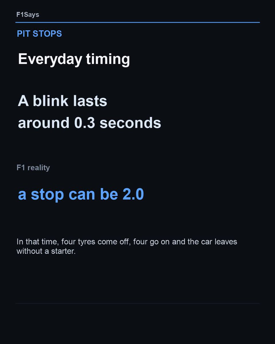 LoyceOverbrb23's tweet photo. A blink lasts about 0. 3 seconds. In just two seconds, an F1 crew can replace all four tyres and send the car back out. https://t.co/Em2IlkvWI9