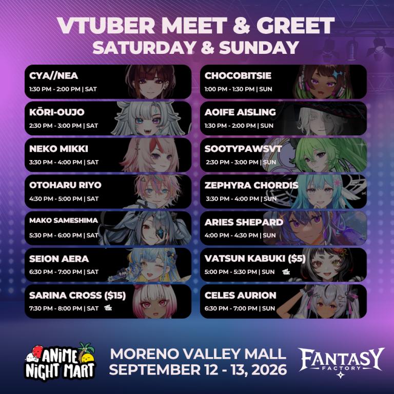 vfantasyfactory's tweet photo. 🗓️ ANIME NIGHT MART SCHEDULE 🗓️

Here are all the performance and meet &amp; greet schedules for each talent for @animenightmart ! See you all soon! ✨⭐

#vtuber #animenightmart https://t.co/pQR5aLoZc9
