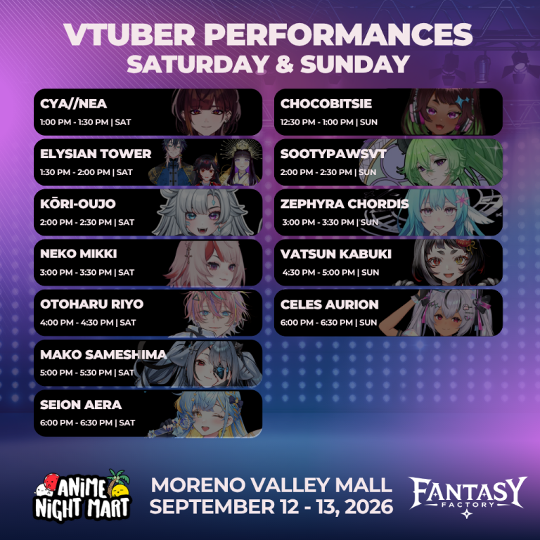 vfantasyfactory's tweet photo. 🗓️ ANIME NIGHT MART SCHEDULE 🗓️

Here are all the performance and meet &amp; greet schedules for each talent for @animenightmart ! See you all soon! ✨⭐

#vtuber #animenightmart https://t.co/pQR5aLoZc9