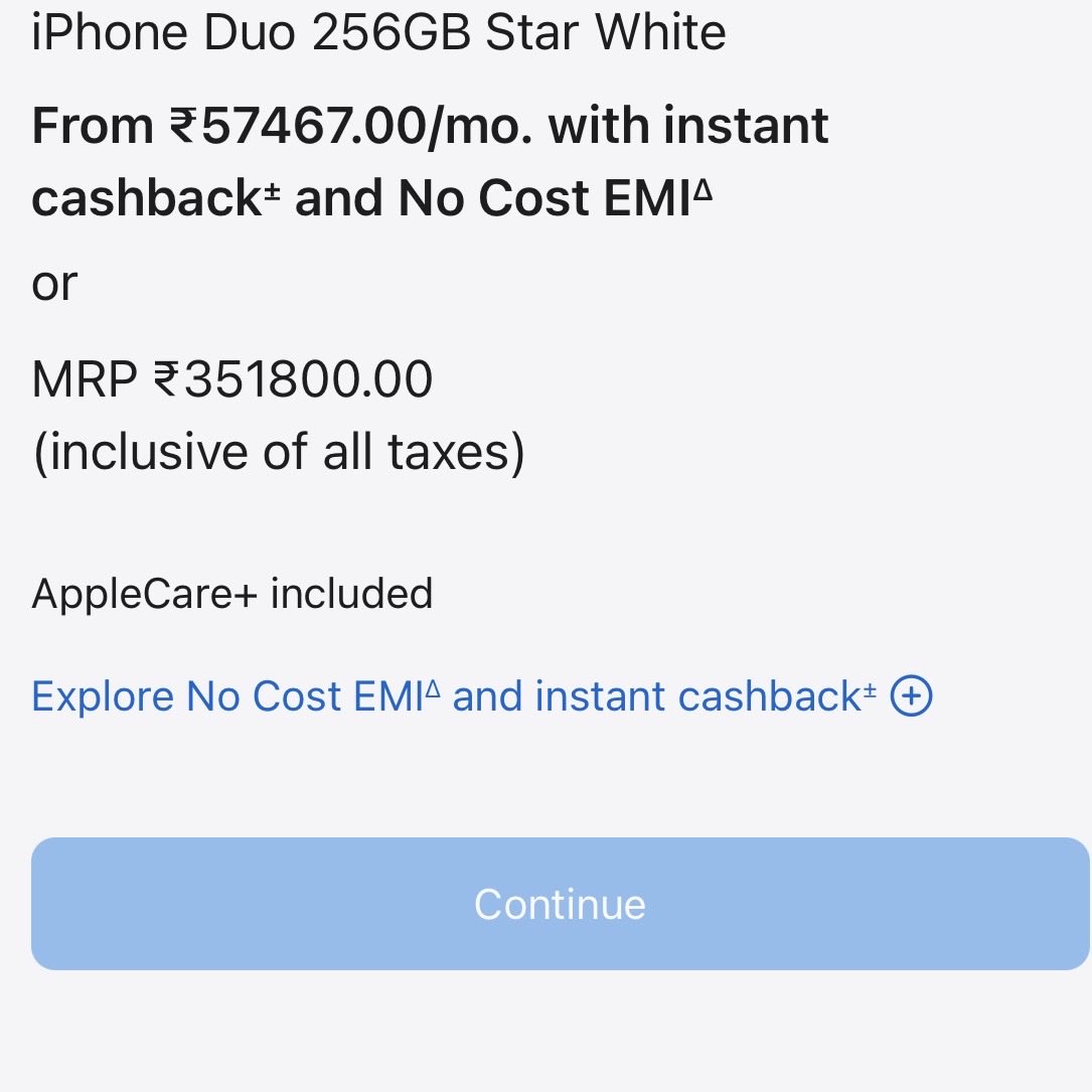 GyanTherapy's tweet photo. OMG - With AppleCare+ the base variant of the iPhone Duo Fold costs ₹3,51,800 😳

I think anyone buying such an expensive foldable phone will most likely get AppleCare+ as well - which costs an extra ₹51,900

Seriously this time Apple has priced it way too high in India as compared to Dollar pricing and yes This kind of pricing is not acceptable!