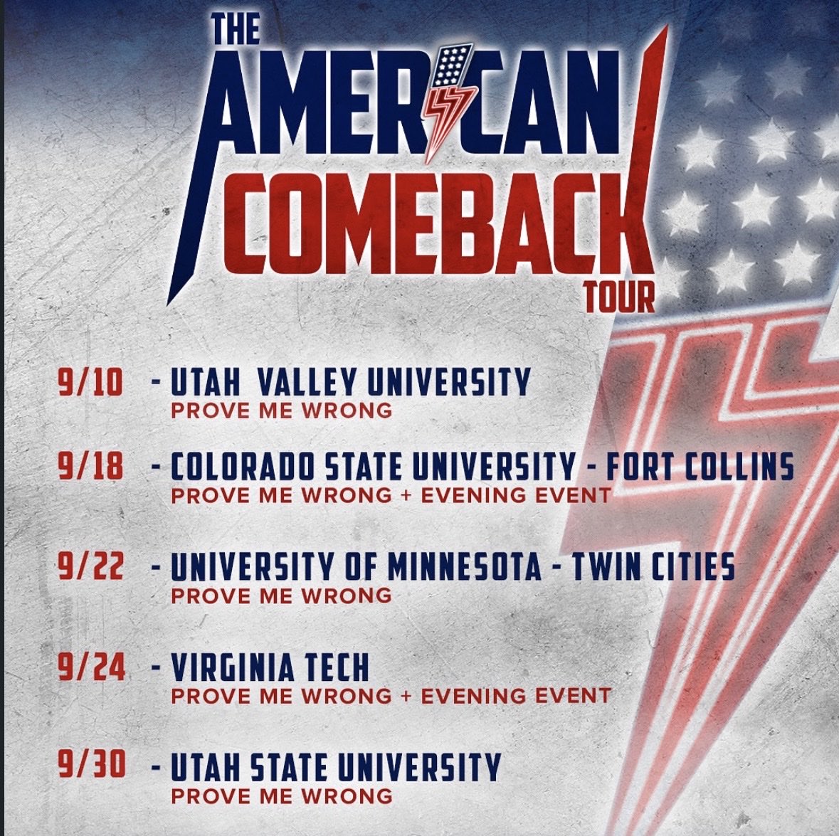 ThePopFlop's tweet photo. 1 year ago today, ‘The American Comeback Tour’ ft. Charlie Kirk hit college campuses. https://t.co/l1mVfXMdhk