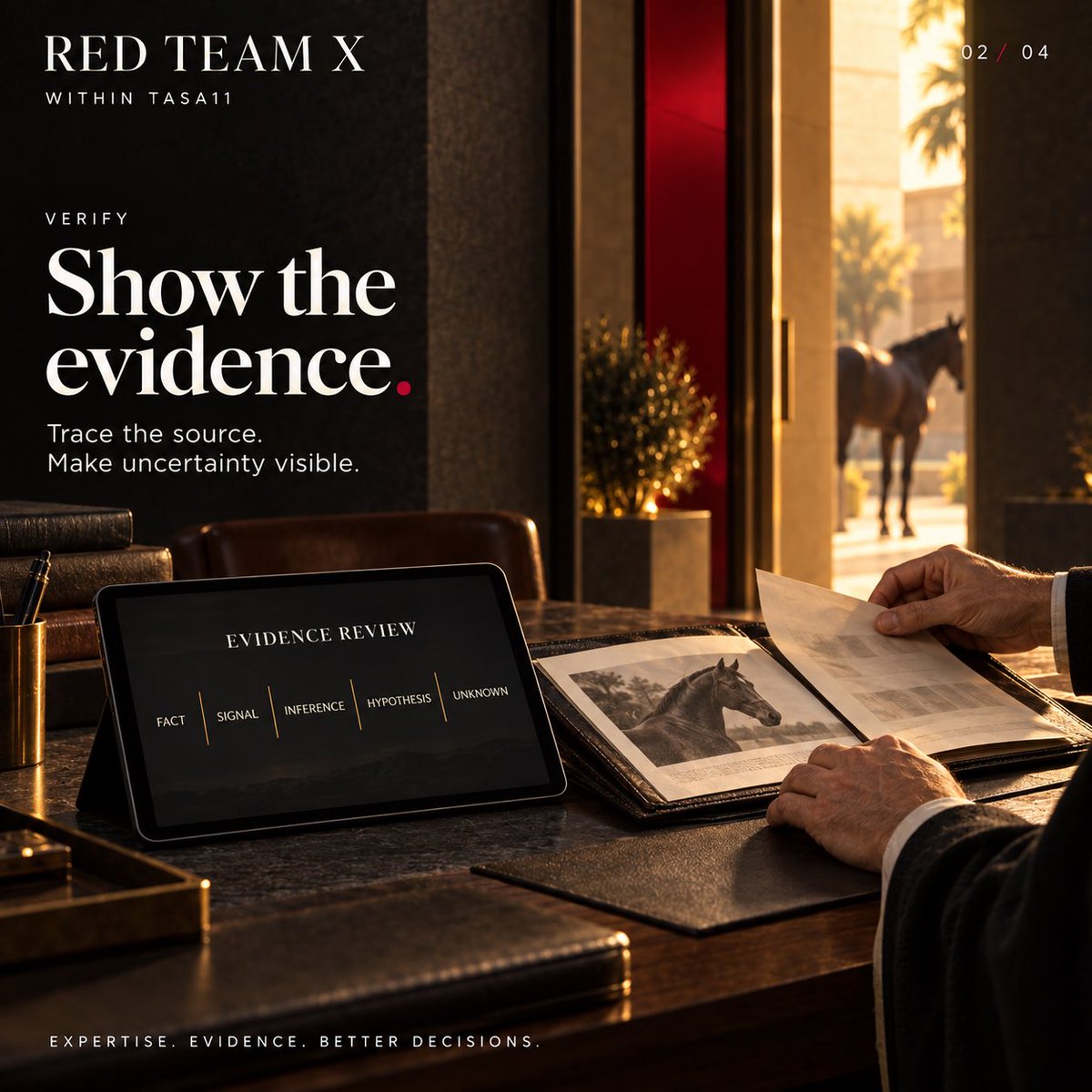 TheRedTeamX's tweet photo. Every horse deserves a decision you can defend.

We challenge assumptions, check the evidence, and ask what could prove us wrong.

Red Team X. Inside TASA11.
Challenge it with us.

#HorseRacing #Bloodstock https://t.co/i0HOLFPdov