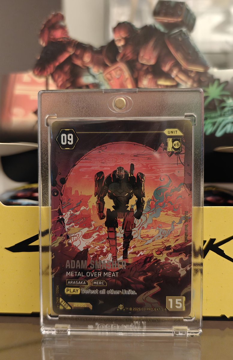 Adonis_Allan's tweet photo. Cyberpunk TCG Card of the Day🌆
Adam Smasher: Metal Over Meat - Iconic Rare
On play: defeat every other Unit on the board (yours and theirs). He stays. Then he’s a 15-power brick for fights / multi Gig steals.
Hard to cast (needs a Yellow Legend package that can even include 6 RAM) and the wipe hits your own crew too. Pure late game reset finisher.