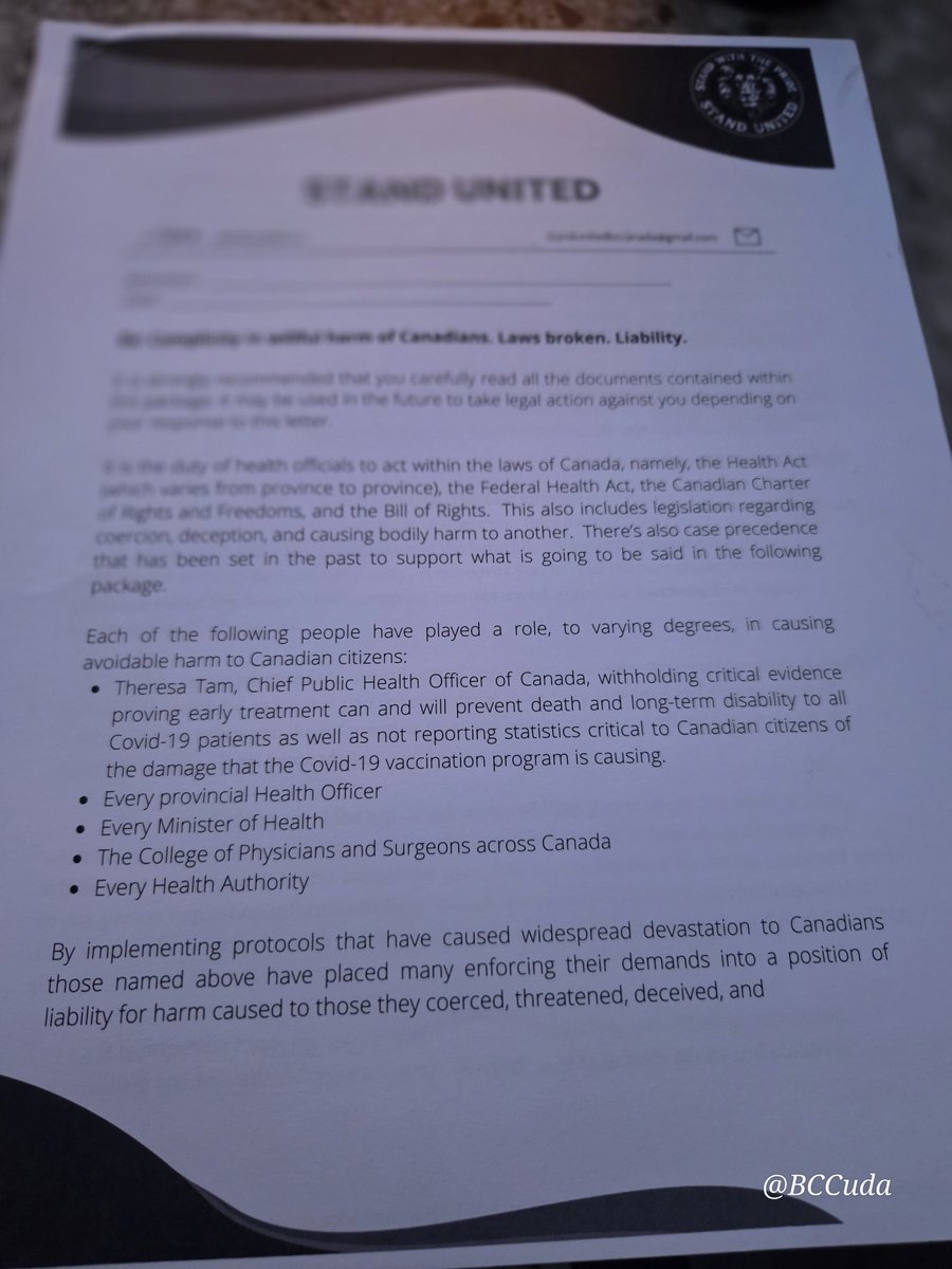 BCCuda's tweet photo. Now that the ALLISON INQUIRY IS MAKING THE "NEWS". 

REMINDER.

There was an INFORMED CONSENT PACKAGE circulated across Canada in 2023—over 30 pages of documentation.

It was sent to Senators, MPs, MLAs, RCMP, fire and paramedic services, pharmacies and the MEDIA.

It contained VAERS reports, Pfizer documents, PHO emails, and much more—warnings and information sent by REGISTERED MAIL. 

Many provinces participated, and many packages were hand-delivered.

StandUnited BC alone sent out over 2,000 PACKAGES. 

CRICKETS.  

The Canadian government KNEW. BONNIE HENRY KNEW The danger of the vaccine.  

STAND UNITED shared. 

Anyone who wants copies, let me know.