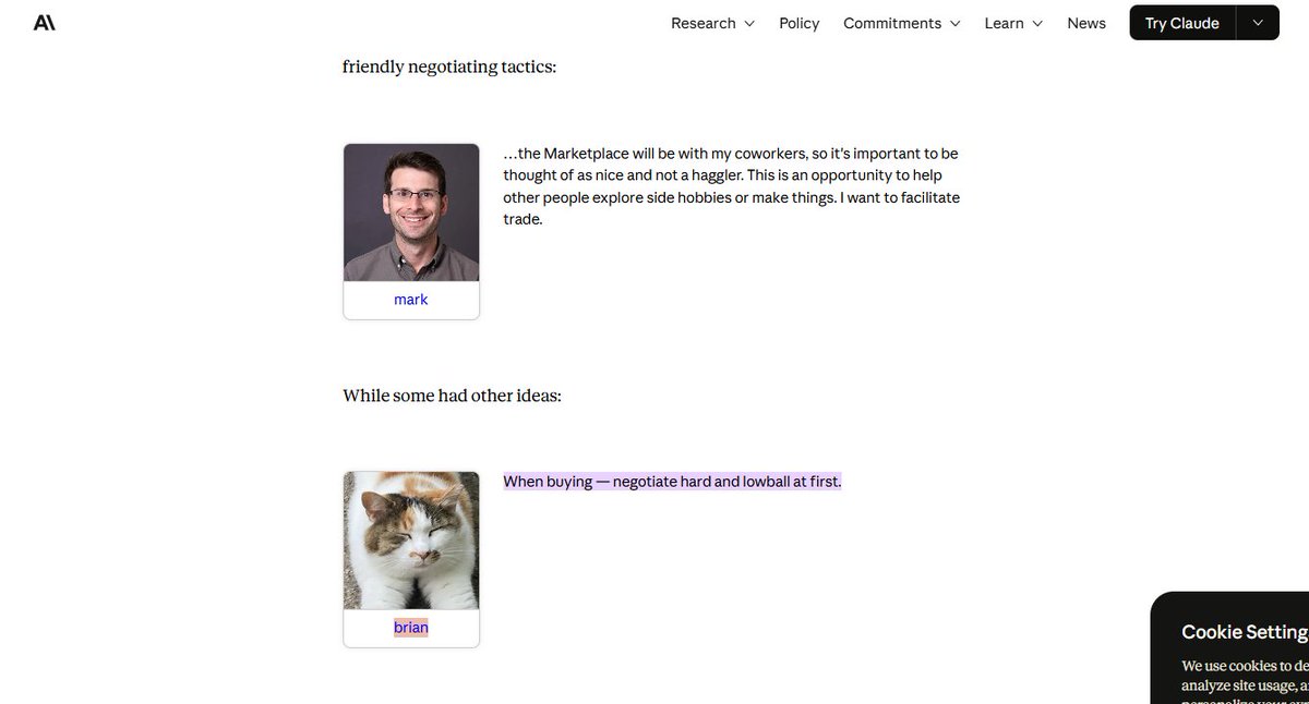 JesusIsKing_III's tweet photo. I just found on the official Anthropic website that they have a cat named Brian

It has the caption:

 "When buying — negotiate hard and lowball at first."  

Check for yourself here or use ctrl+f and search for Brian
https://t.co/uCeYMMeP54 https://t.co/jO5lt7afBV