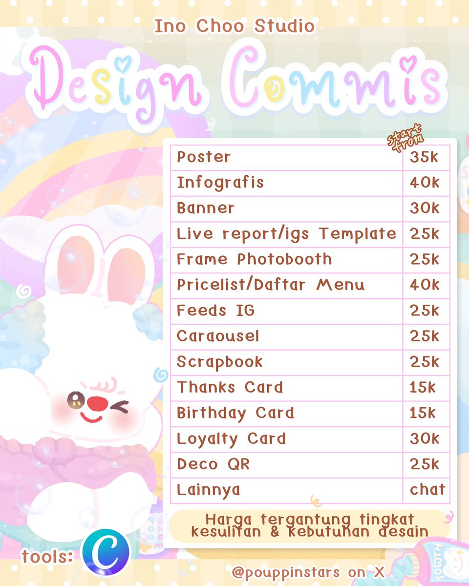 pouppinstars's tweet photo. OPEN COMMISSION! #zonauang 🐰ྀི₊˚⊹ 

🎀 Menerima jasa edit berbagai kebutuhan design, mulai dari pricelist, poster, menu, katalog, feeds, photobooth frame, banner sidang, scrapbook &amp; custom request lainnya 🖍️🍀

Bisa request sesuai referensi dan style yang kamu mau! 💭 https://t.co/uEKnhUMo6e