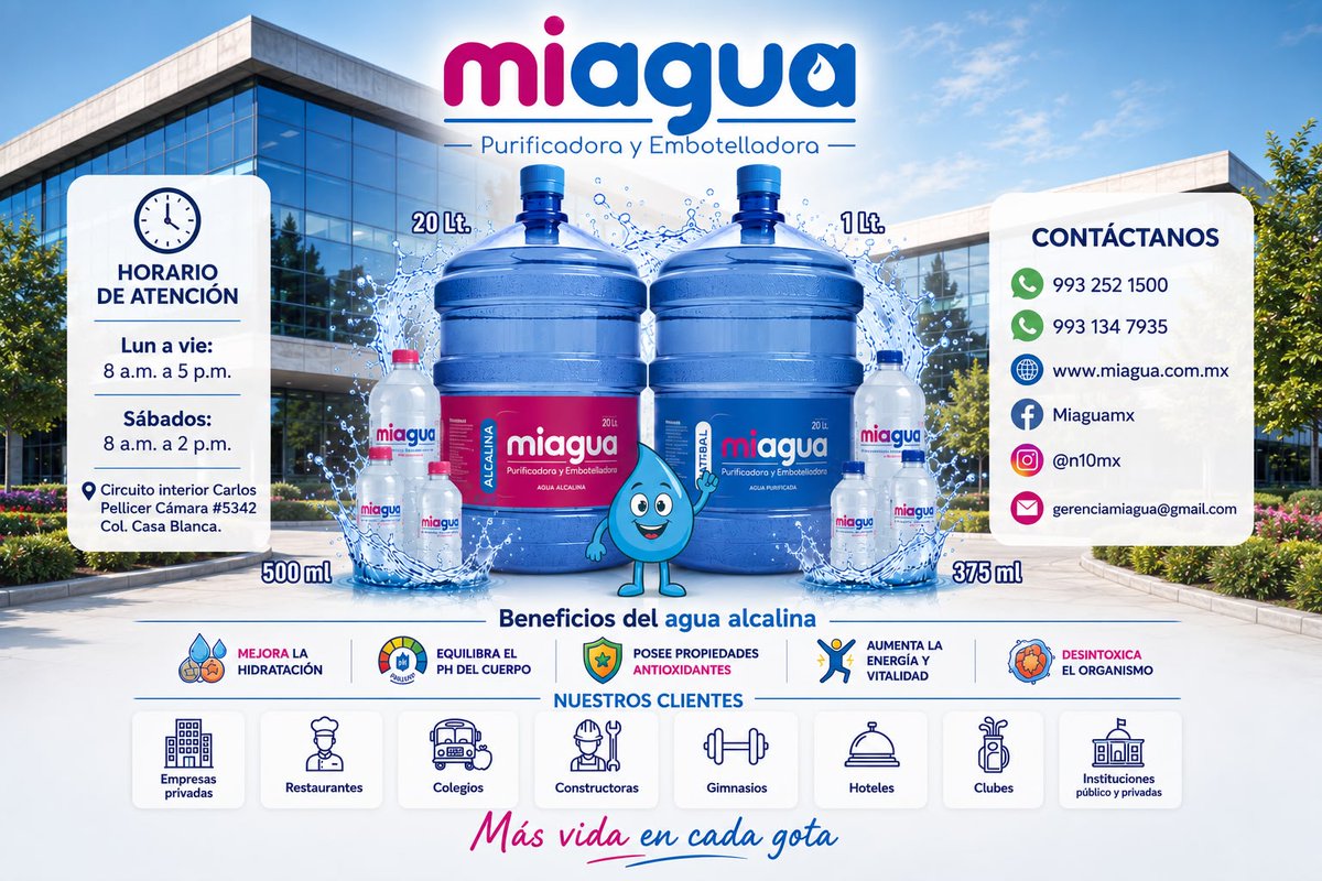 TabascoHOY's tweet photo. 💧 Mi agua, más vida en cada gota.

Tu hidratación merece calidad, frescura y bienestar. En Miagua llevamos hasta ti agua purificada y embotellada en diferentes presentaciones, ideal para acompañarte en casa, el trabajo o tu negocio.

✨ Agua alcalina
💦 Presentaciones de 20 L, 1 L, 500 ml y 375 ml
🏢 Servicio para empresas, restaurantes, colegios, gimnasios, hoteles y más.

📲 Haz tu pedido al 993 252 1500 o 993 134 7935.