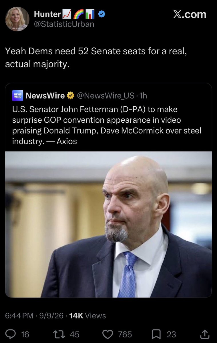 BadLibMaps's tweet photo. First of all, you aren’t getting 52 Senate seats.

Secondly, Fetterman still votes with the Democrats 75-80% of the time. He is NOT this maverick Democrat and there are none in the Democrat conference as is. https://t.co/gCrvb7F6Xi